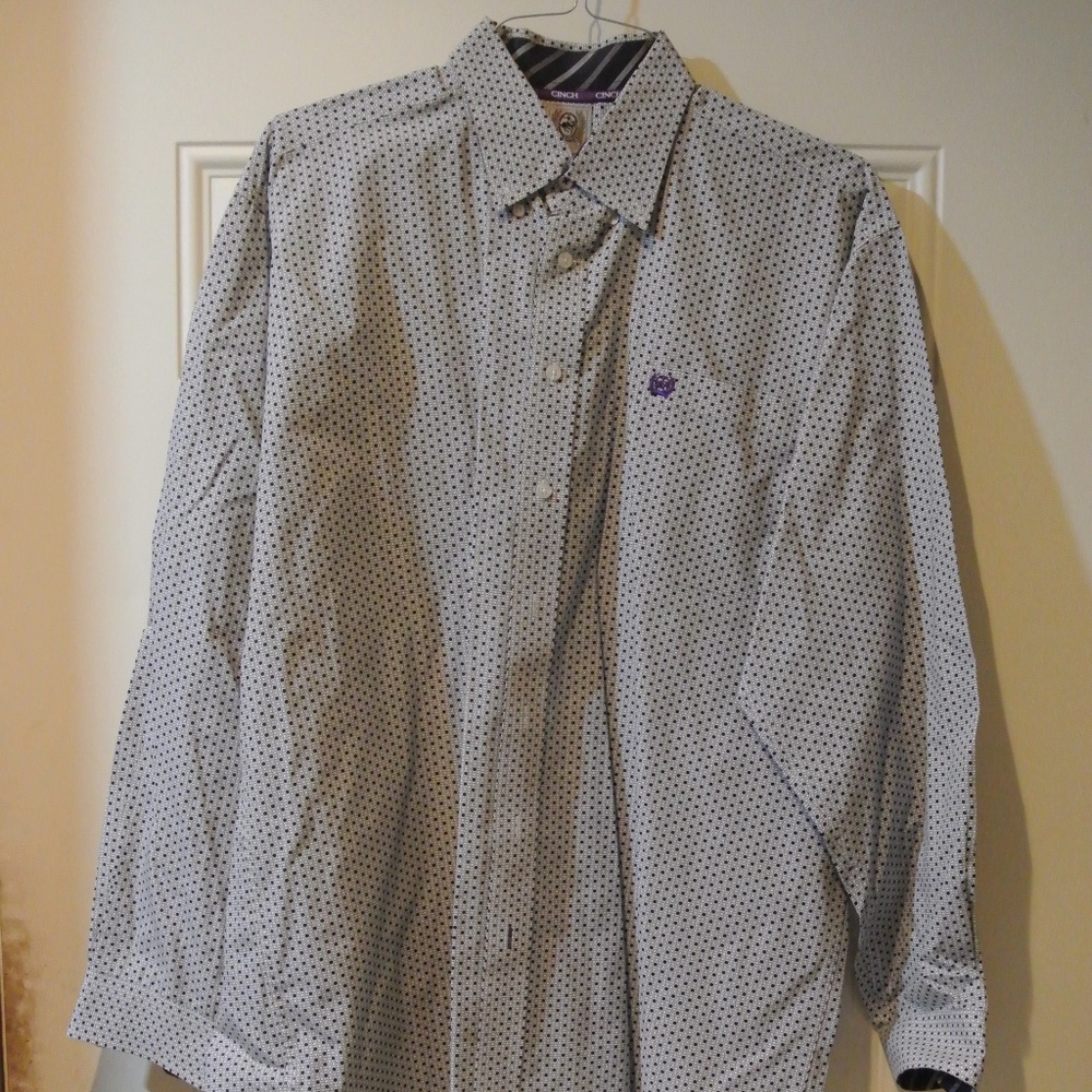 MENS LARGE CINCH BLACK AND WHITE DOT LONG SLEEVE BUTTON DOWN SHIRT